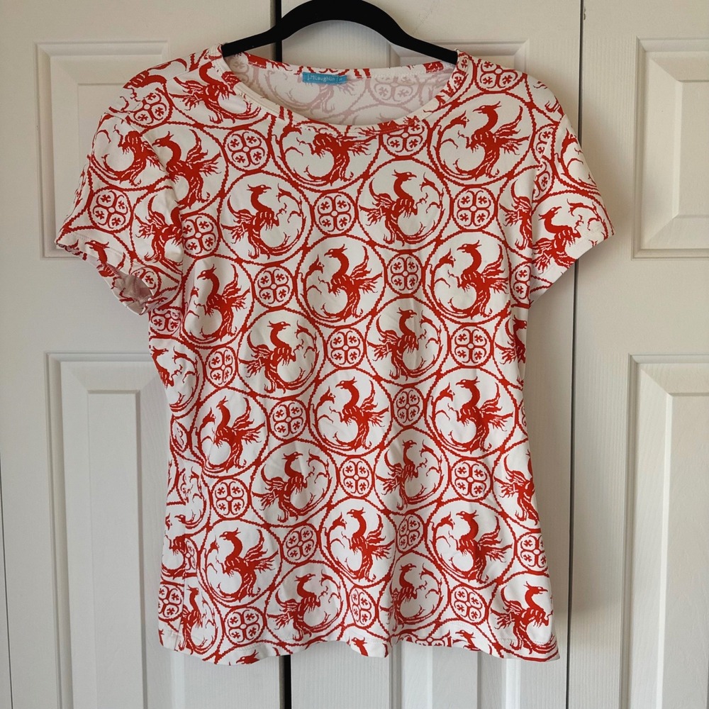 J. McLaughlin Womens Red White Phoenix Medallion Print Short Sleeve Tee Size M